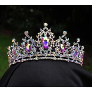Small Holographic Crystal Tiara Bridal Silver Pink Crown Birthday Wedding Gift